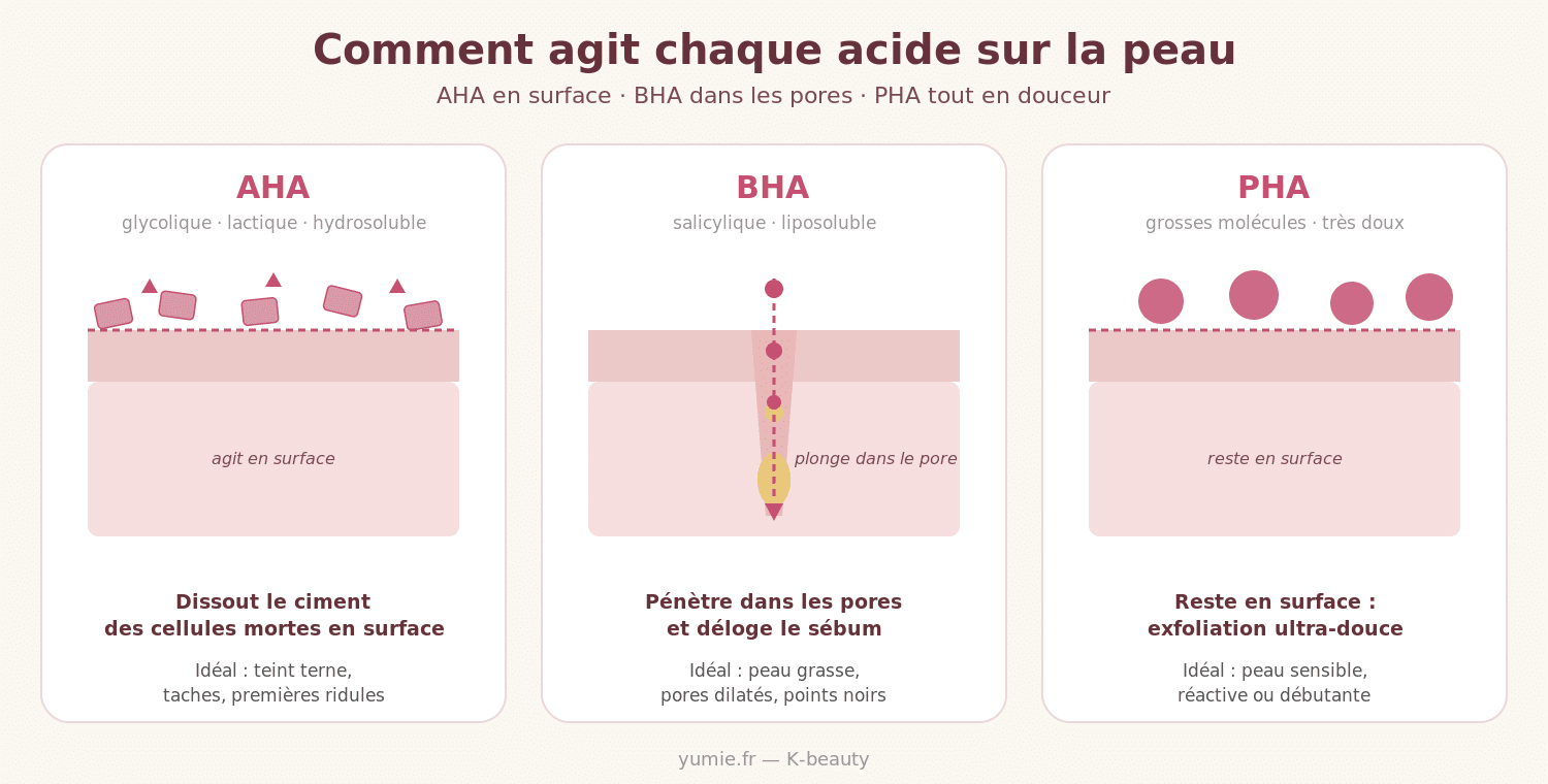 Schéma : comment agit chaque acide sur la peau — AHA en surface, BHA dans les pores, PHA en surface tout en douceur